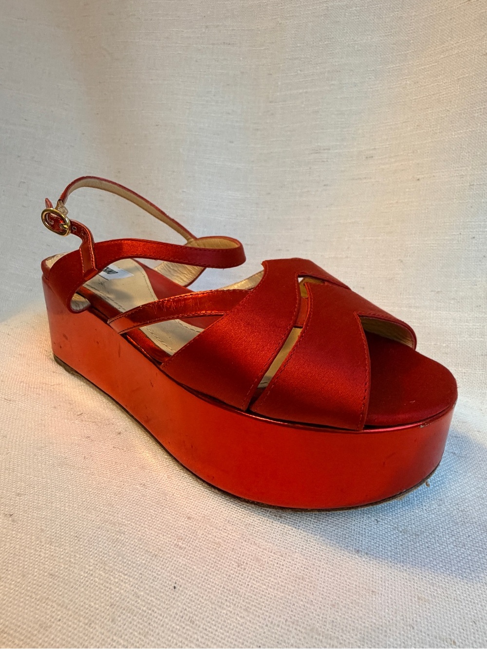 Vintage Moschino Red Satin Platform Wedge Sandals Made Italy Est Size 8